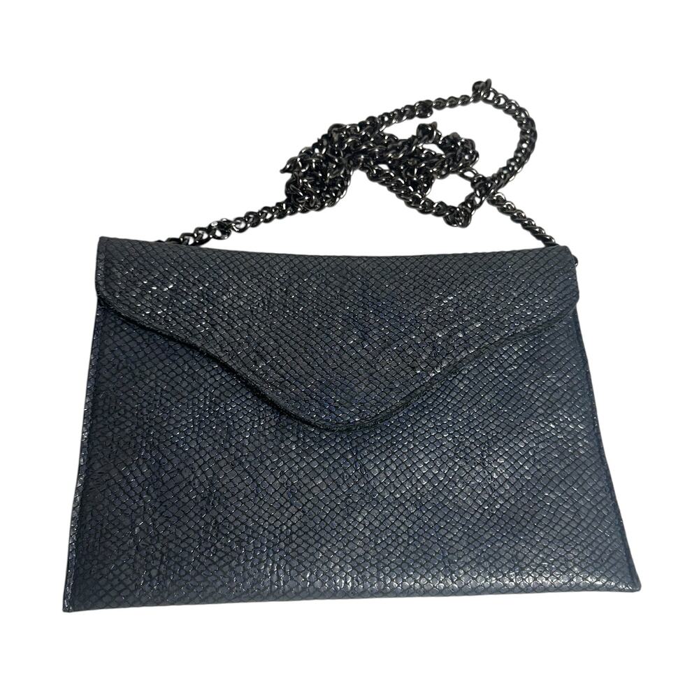 JJ Winters Black Faux Snakeskin Clutch Crossbody Bag w/Chain Strap Envelope Flap